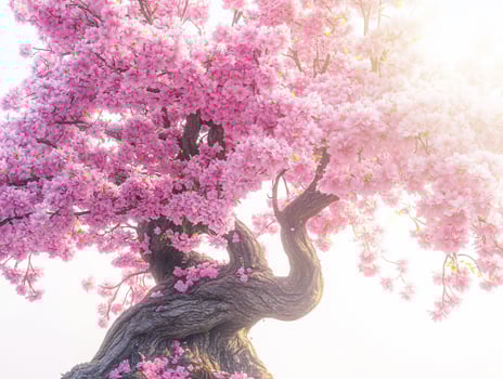 Lush pink cherry blossom bonsai tree in sunlight. photo