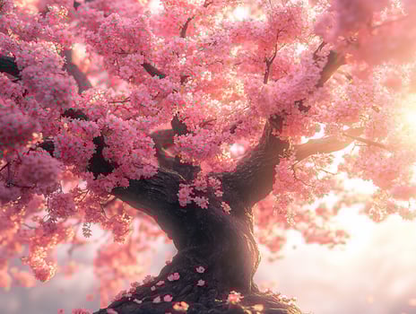 Pink cherry blossom tree in sunlight. photo