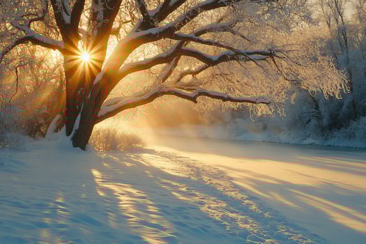 Sunburst through snowcovered tree by river. photo