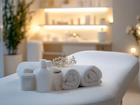 Spa treatment table with towels, lotions, and candles. photo
