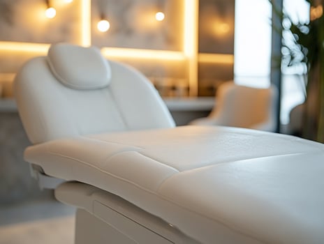 Luxurious white spa treatment bed in modern setting. photo