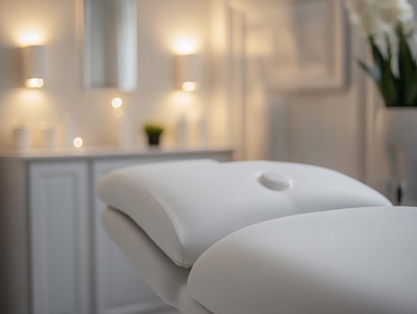 Closeup of a clean, white massage table in a spa. photo