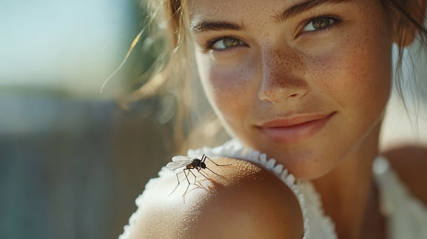 Closeup portrait of a freckled woman with a mosquito on her shoulder. photo
