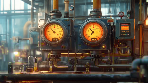 Industrial control panel with gauges and valves in a factory setting. photo