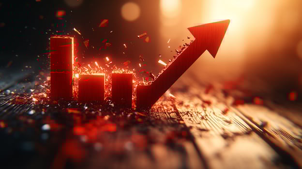 Red upward arrow breaking through bar chart. photo