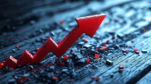 Red arrow rising through breaking wood, symbolizing growth and overcoming obstacles. photo