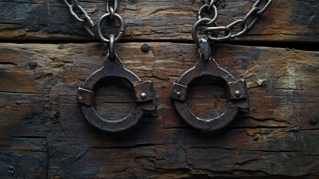 Antique rusted metal shackles hanging on weathered wood. photo