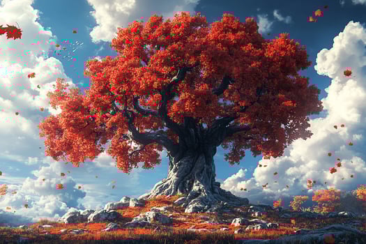 Majestic red autumn tree on a hilltop. photo