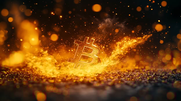 Fiery Bitcoin symbol engulfed in flames and sparks. photo