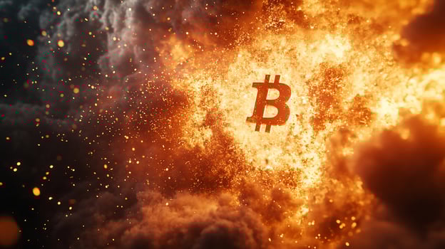 Bitcoin symbol engulfed in flames and smoke. photo