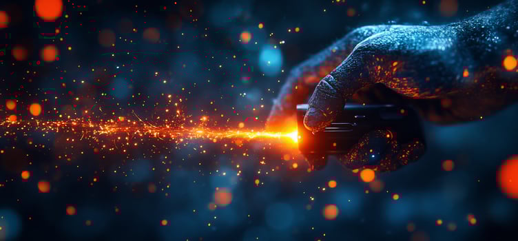 Glowing energy sparks from a hand holding a device. photo