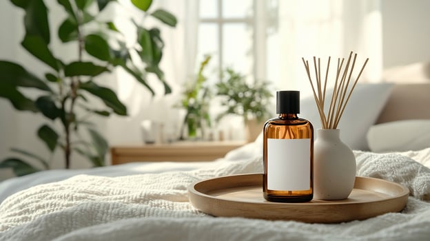 Amber glass bottle with blank label and reed diffuser on wooden tray, cozy bedroom setting. photo