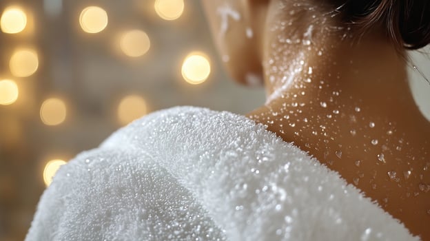 Woman's back with moisturizer, water droplets on skin and white bathrobe. photo