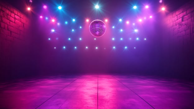 Disco ball in a dark room with colorful lights and brick walls. photo