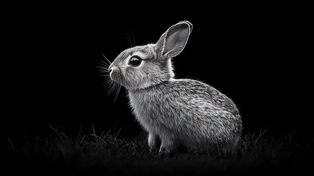 A grayscale image of a young rabbit sitting in grass against a black background. photo