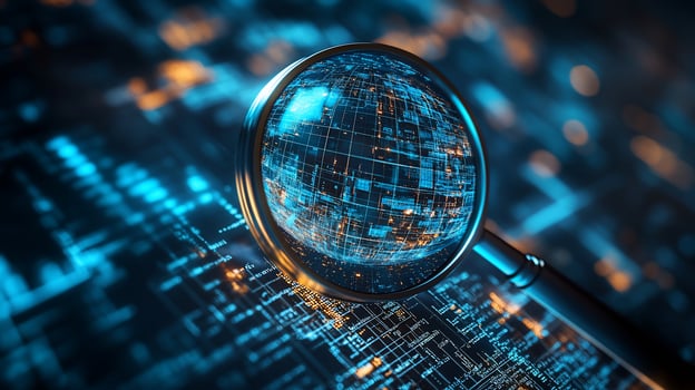 Magnifying glass over a digital globe on a circuit board, representing global digital investigation. photo