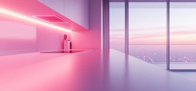 Pink kitchen interior with city view at sunset. photo
