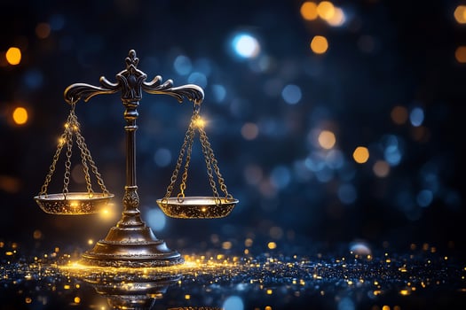 Glowing scales of justice on dark background. photo