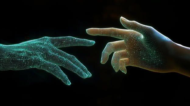 Two hands reaching, one digital, one human, almost touching in dark background. photo