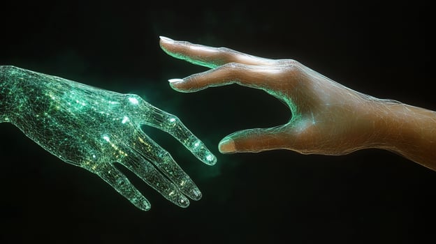 Human and digital hands reaching, connection concept. photo