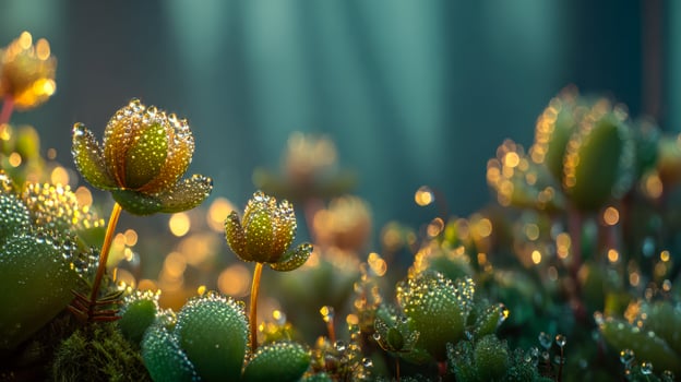 Dew-covered succulents basking in gentle sunlight with sparkling morning droplets photo