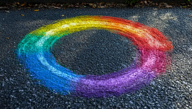 Colorful rainbow chalk circle painted on asphalt road photo