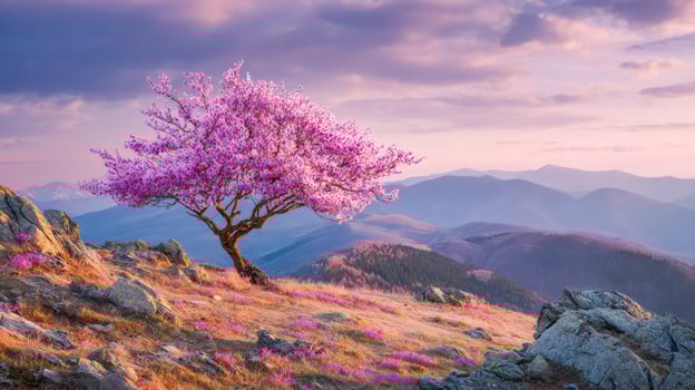 Vibrant cherry blossom tree in a scenic mountain landscape at sunset photo