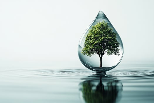 A small tree inside a large water drop on a calm water surface. photo
