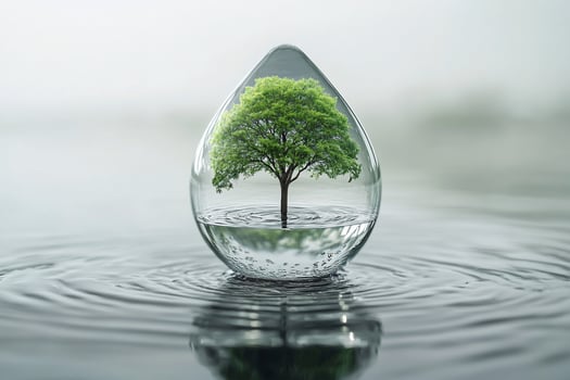 Small tree inside a water droplet on calm water. photo