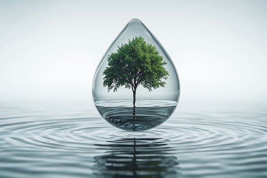Small tree inside a water drop on still water. photo