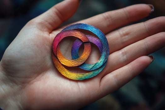 A person holding a colorful wooden ring photo