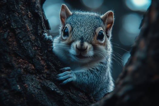 A squirrel is peeking out from behind a tree photo