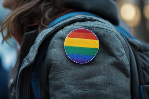 A person wearing a rainbow colored patch on their jacket photo