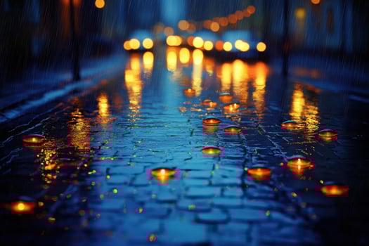 Rainy night with candles on the street photo