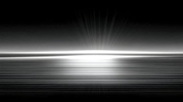Abstract depiction of a luminous horizon with radiating light patterns and horizontal streaks in black and white photo