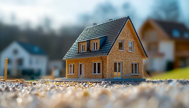 Miniature model of a brick house on construction site with blurred residential background photo