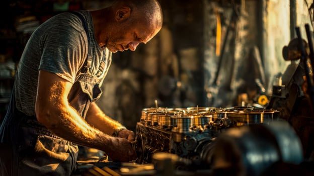 Skilled mechanic working on an engine in a workshop with warm lighting photo