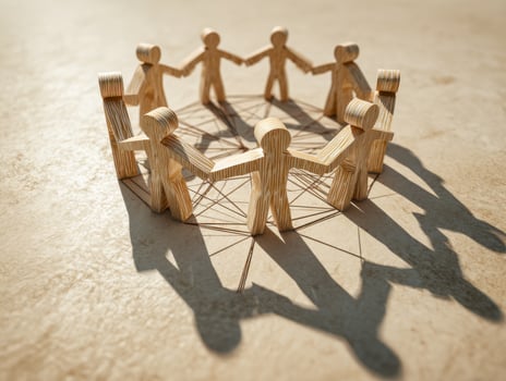 Wooden figurines forming a circle symbolizing unity and teamwork photo