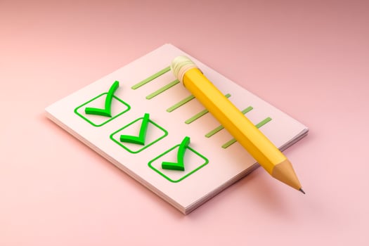 3d illustration of a pencil on a checklist with check marks on a pink background photo
