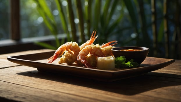 Crispy fried shrimp served on a wooden platter with dipping sauces and vibrant greenery in background photo