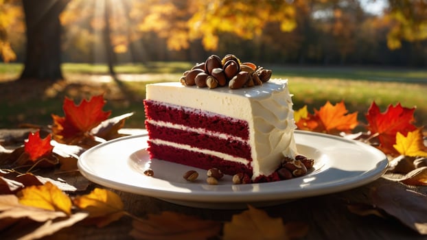 A slice of red velvet cake topped with nuts on a plate, surrounded by autumn leaves in a sunny park photo