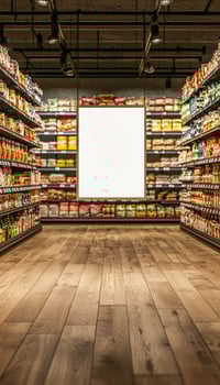 Empty grocery store aisle with shelves stocked with snacks and a blank sign board photo