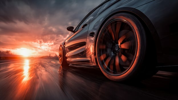 A sleek sports car racing against a stunning sunset backdrop with dynamic motion and vibrant reflections photo