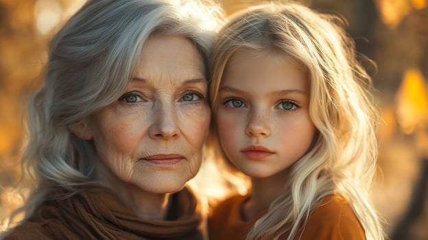 Closeup portrait of a grandmother and granddaughter, outdoors in autumnal light. photo