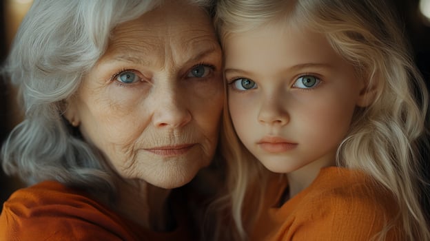 Closeup portrait of a grandmother and granddaughter, embracing. photo