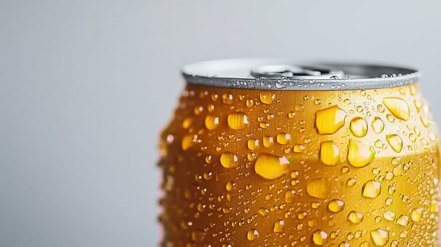 Closeup of a cold, gold aluminum can covered in condensation droplets. photo