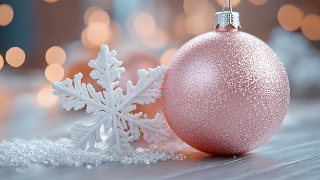 Pink Christmas bauble and snowflake on snowy surface with bokeh lights. photo