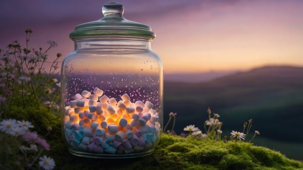 Colorful marshmallows in a glass jar illuminated by sunset, surrounded by flowers and greenery photo