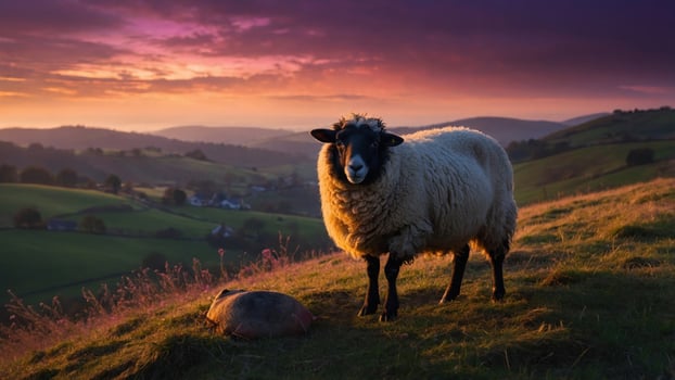Serene sheep standing on a hillside at sunset, with rolling green hills and a vibrant sky in the background photo