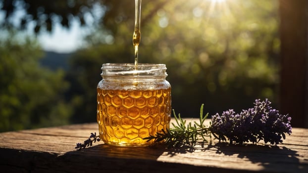 Fresh honey being poured into a jar surrounded by lavender flowers in a sunlit outdoor setting photo